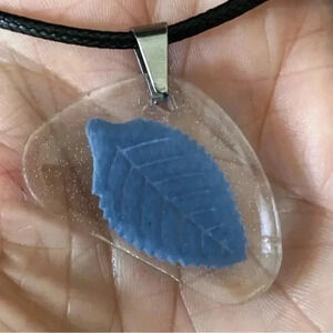 Periwinkle Blue Leaf Resin Freeform Black Waxed Cord Necklace Handmade New NWT